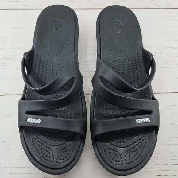 Crocs Patricia Womens Size 11‎ Black Wedge Sandal Strappy Slip On Slides - Picture 2 of 8